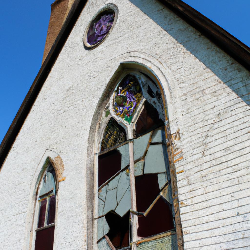 A House of Worship, Now Silent: An abandoned church in Illinois with shattered stained-glass windows.