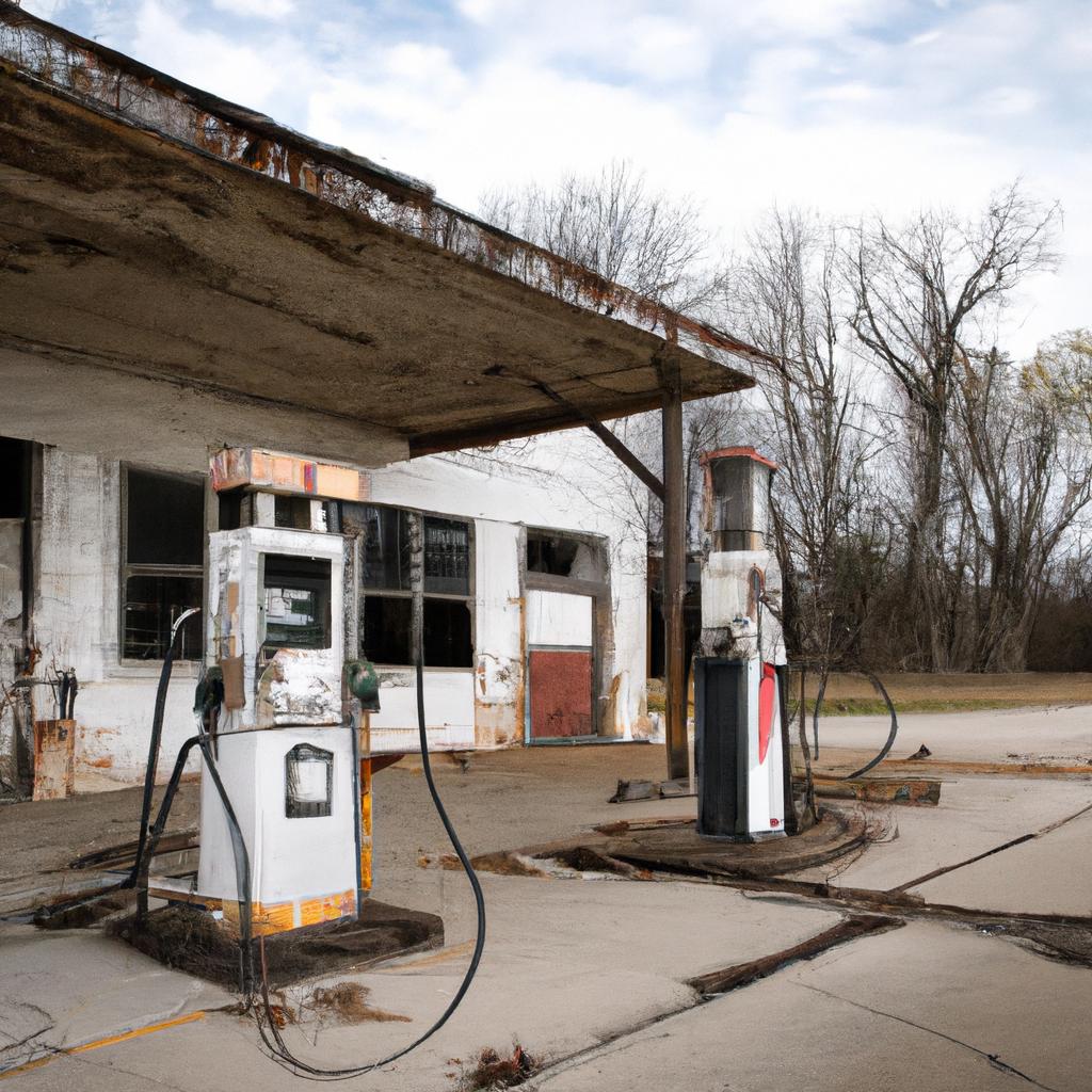 Running on Empty: An old, abandoned gas station in Illinois with rusted pumps.