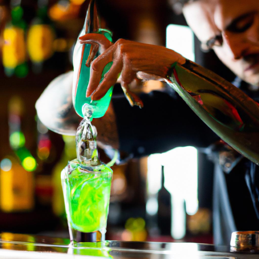 The skilled bartender at Jean Lafitte Absinthe House prepares a signature absinthe cocktail.