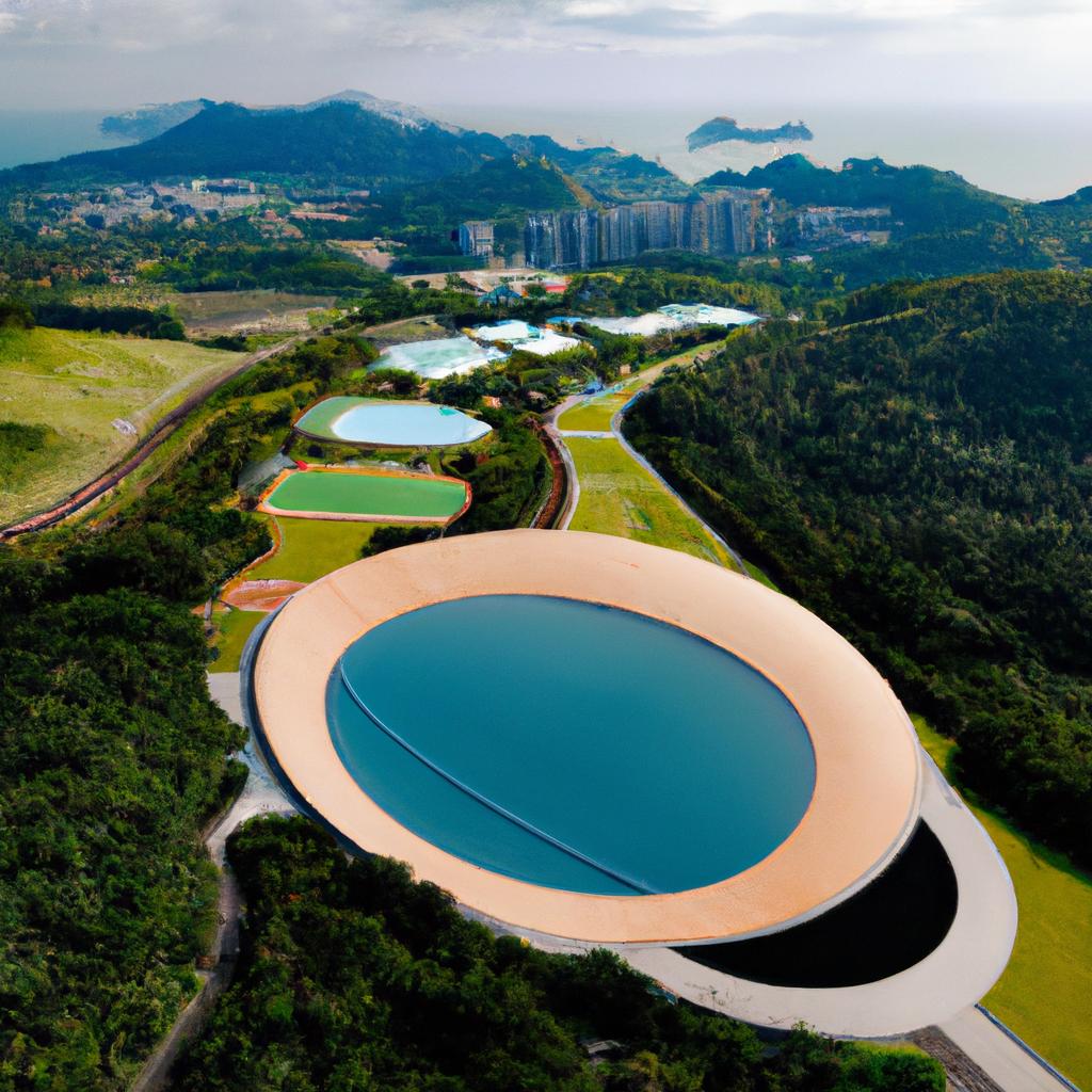 The world's largest swimming pool surrounded by lush greenery.