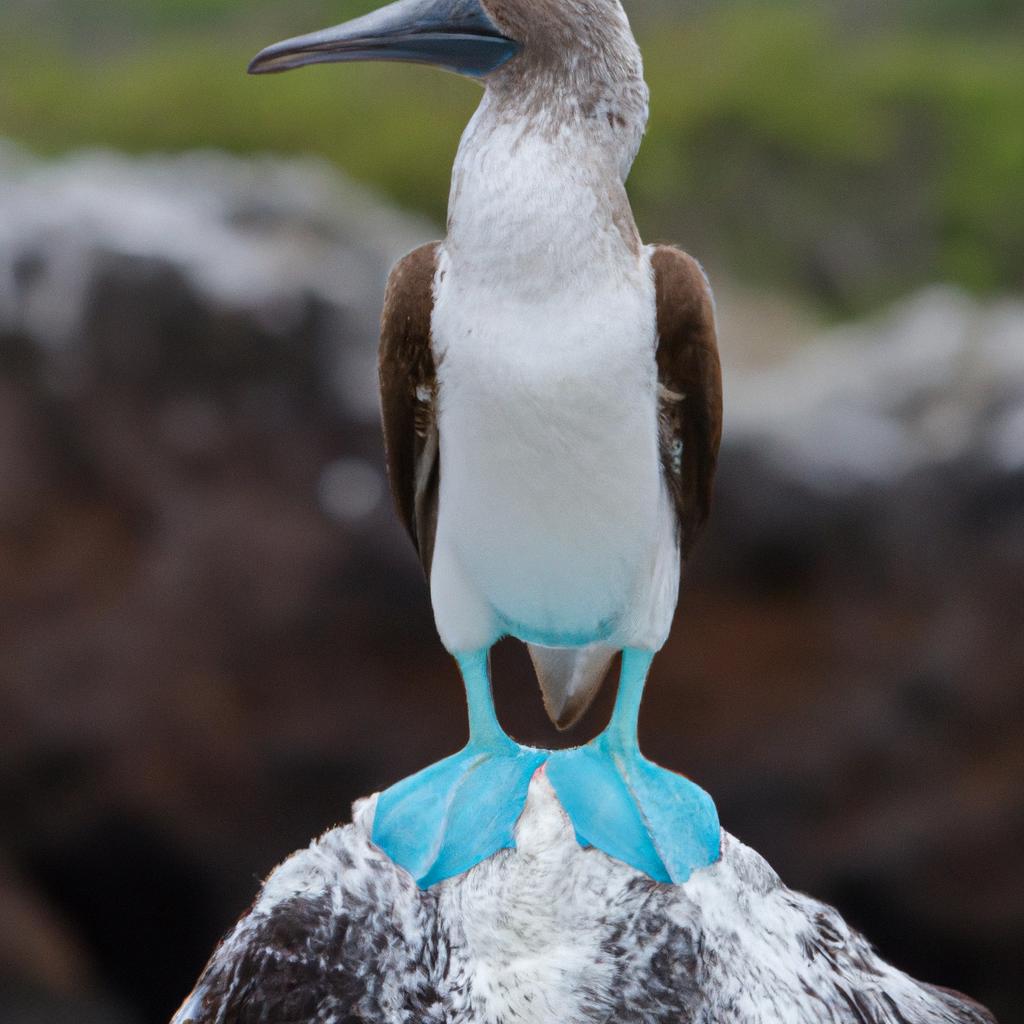 A blue-footed booby perched on a rock. The Galapagos Islands are home to many unique bird species.