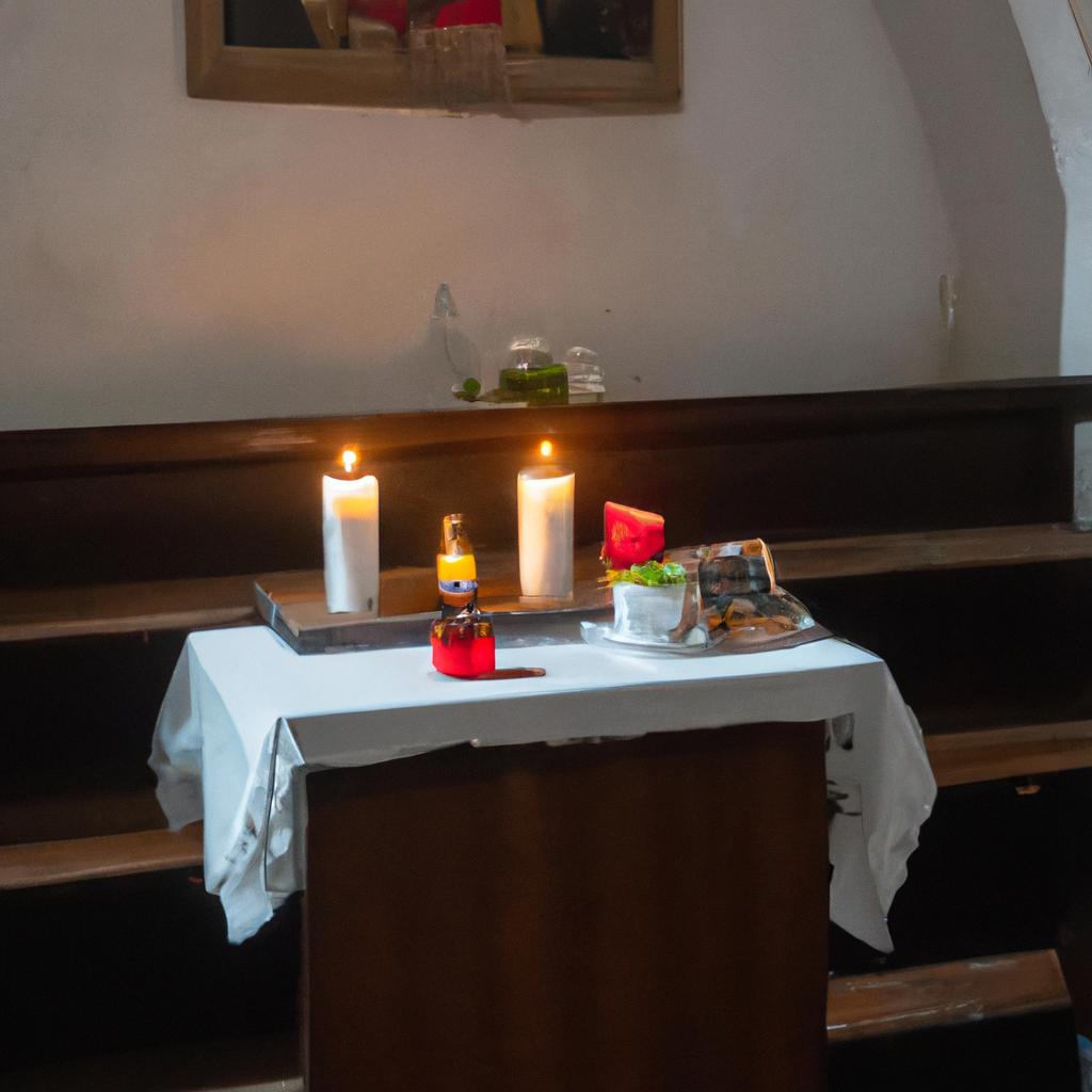 The altar of Borgund Stave Church interior with candles and religious artifacts