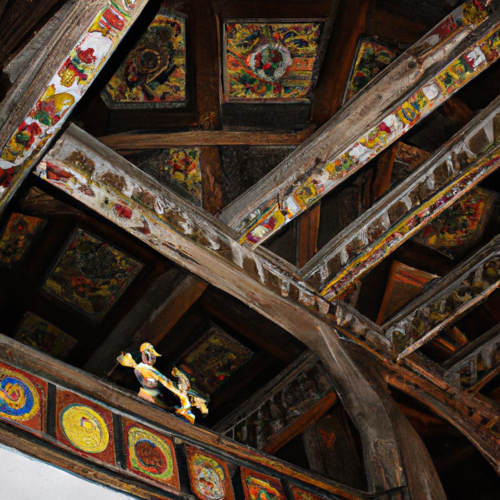 The ceiling of Borgund Stave Church interior with wooden beams and painted patterns