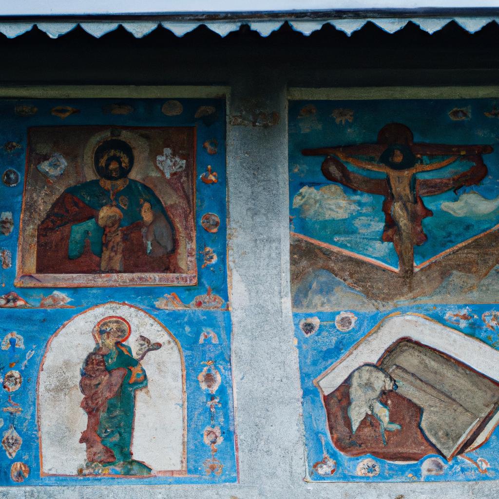 The painted murals and religious symbols on the wall of Borgund Stave Church interior