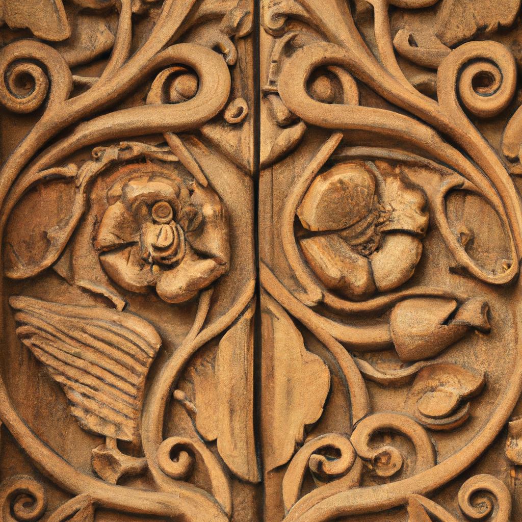 Close-up of the wood carving on the door of Borgund Stave Church interior