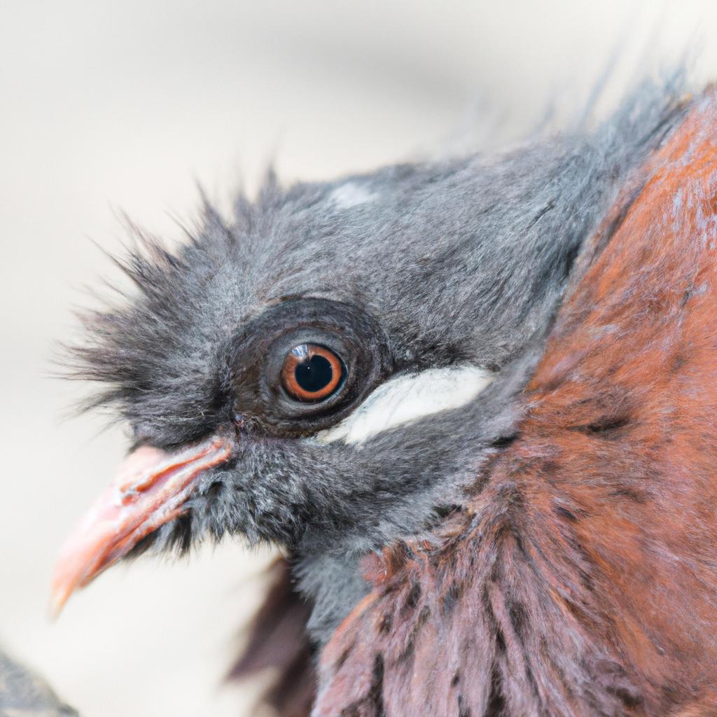 Take a closer look at the unique features of a brown frillback pigeon's face.