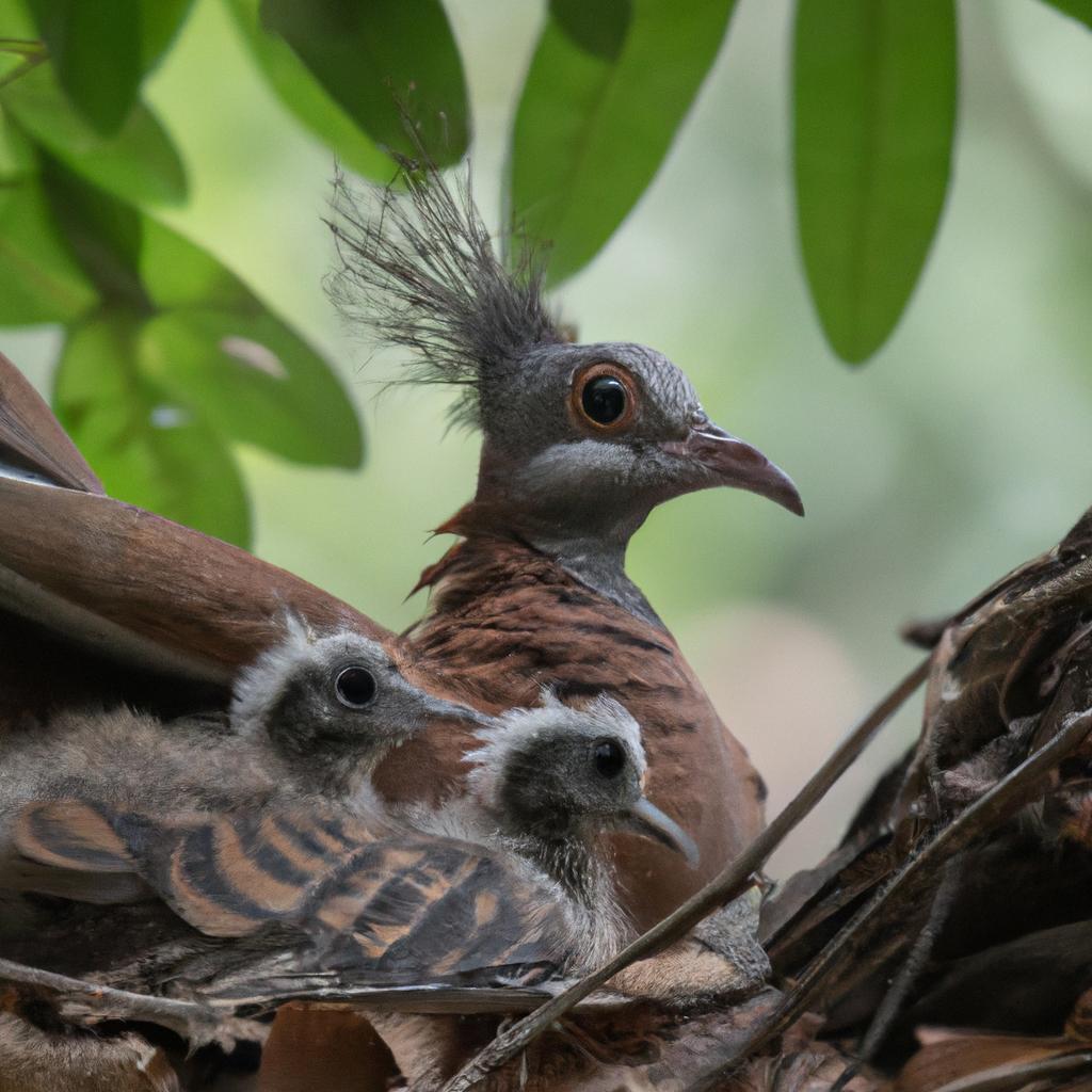 This brown frillback pigeon is nesting with its young, providing warmth and protection.