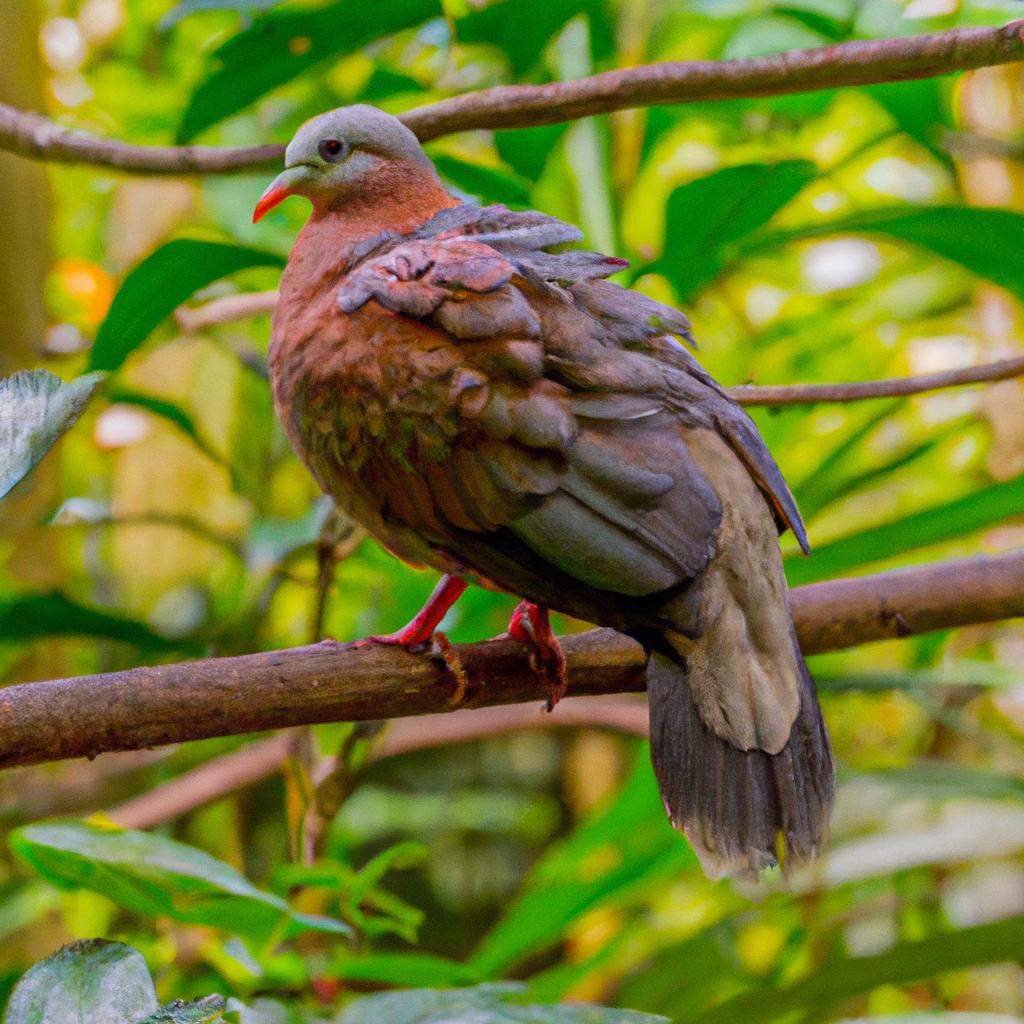 A brown frillback pigeon perches on a branch, showing off its beautiful feathers.
