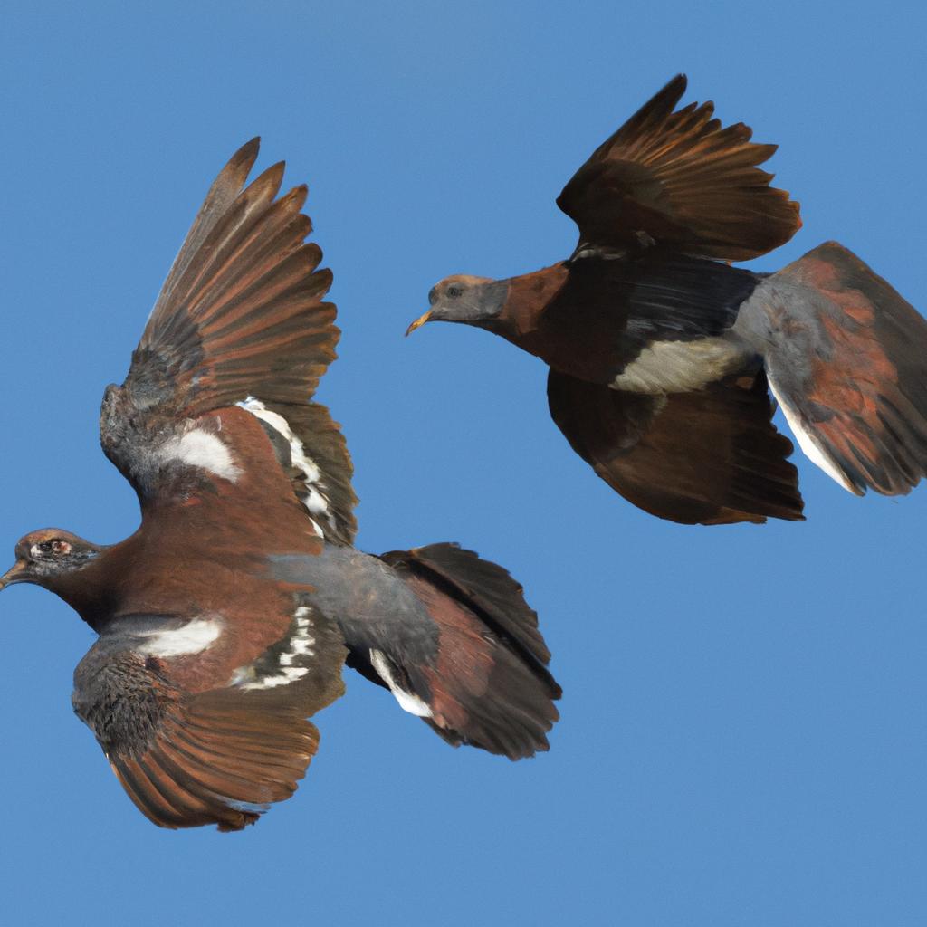 Watch as this pair of brown frillback pigeons soar gracefully through the air.