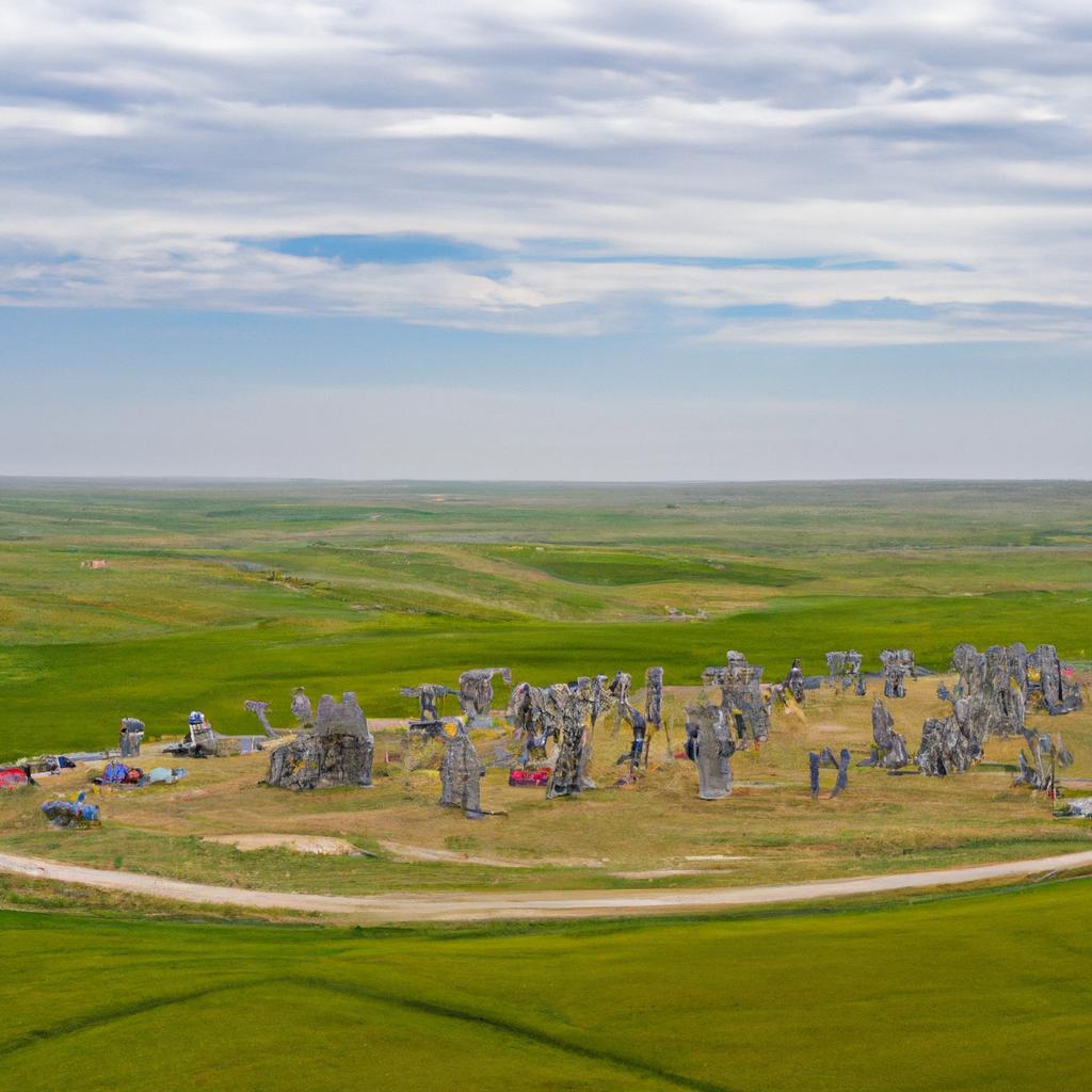 The Carhenge Nebraska installation is a striking contrast to the peaceful Nebraska countryside around it.