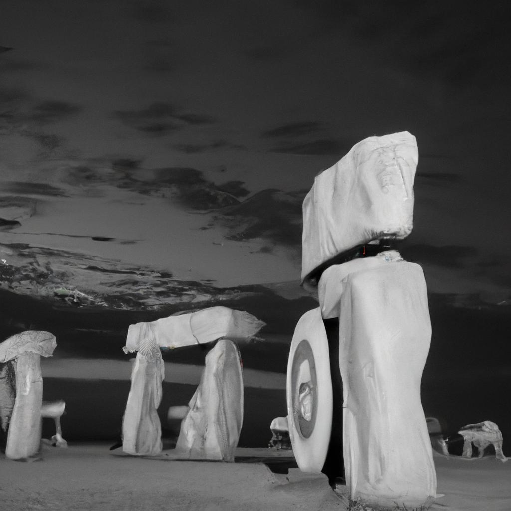 The eerie atmosphere of Carhenge Nebraska is heightened at night under a black and white filter.