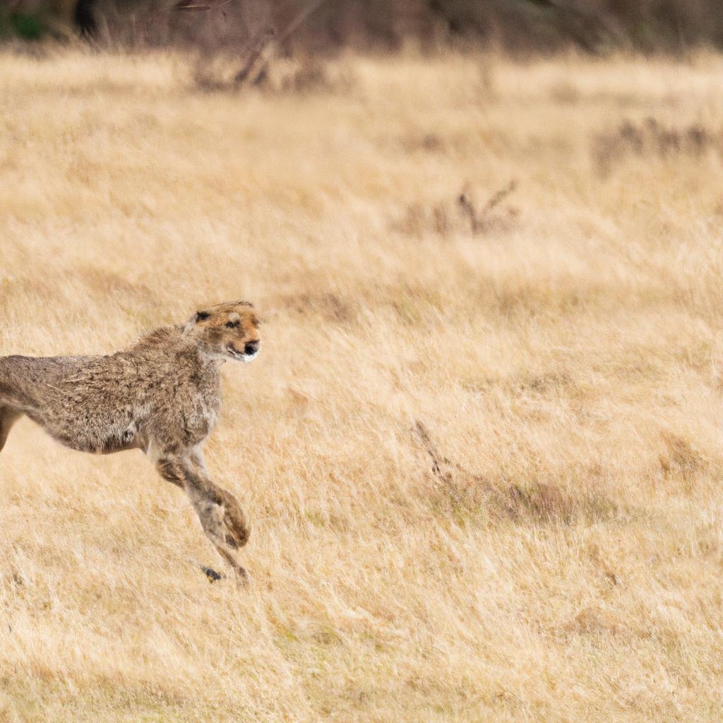 A cheetah sprints through the Serengeti National Park in Tanzania/Kenya