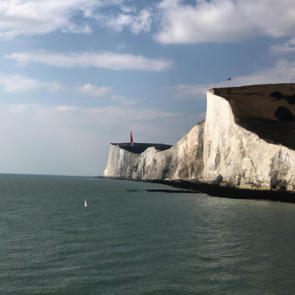 The iconic Cliffs of Dover with the South Foreland Lighthouse in the distance