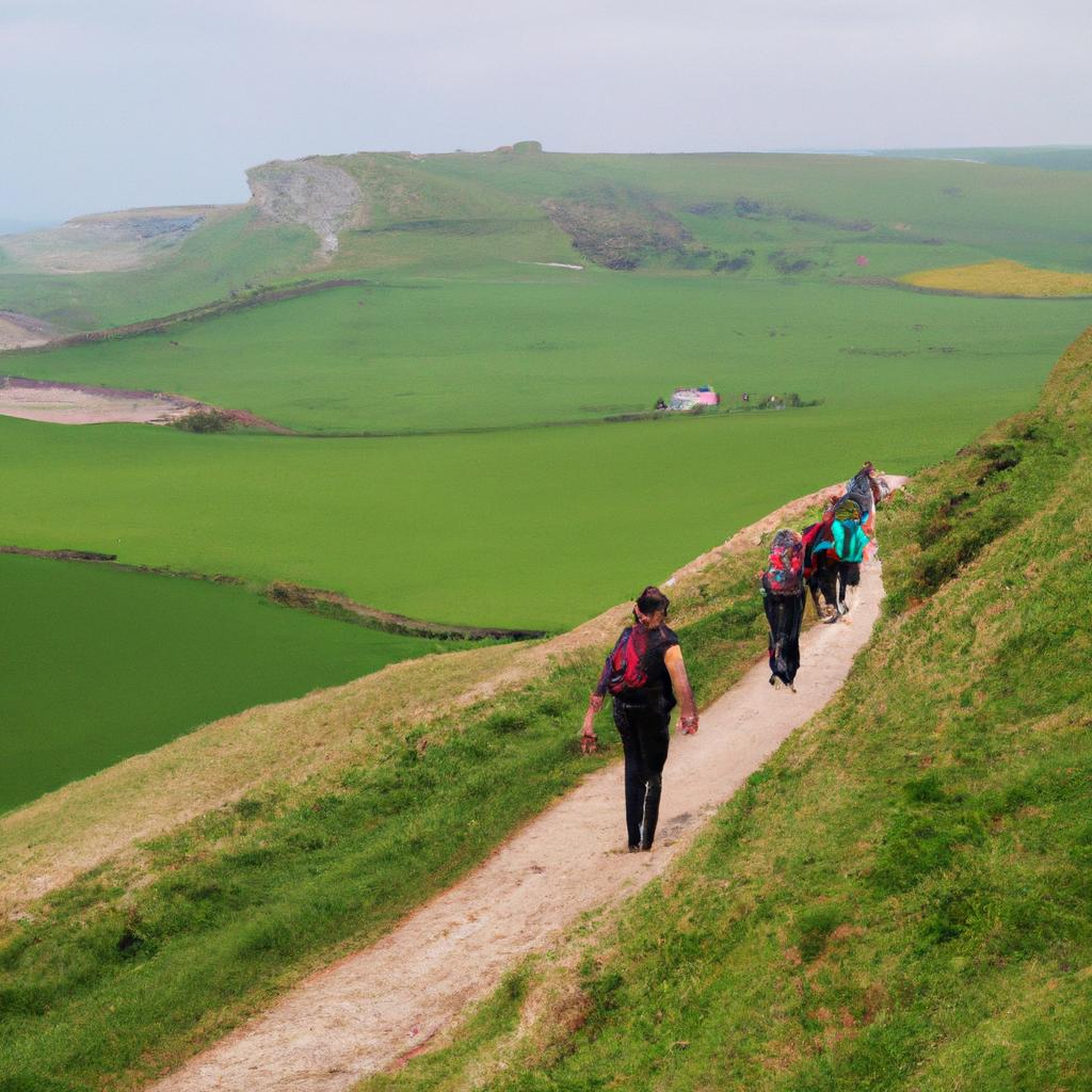 Adventurous tourists taking in the beauty of the Irish countryside while hiking the Cliffs of Moher trail.