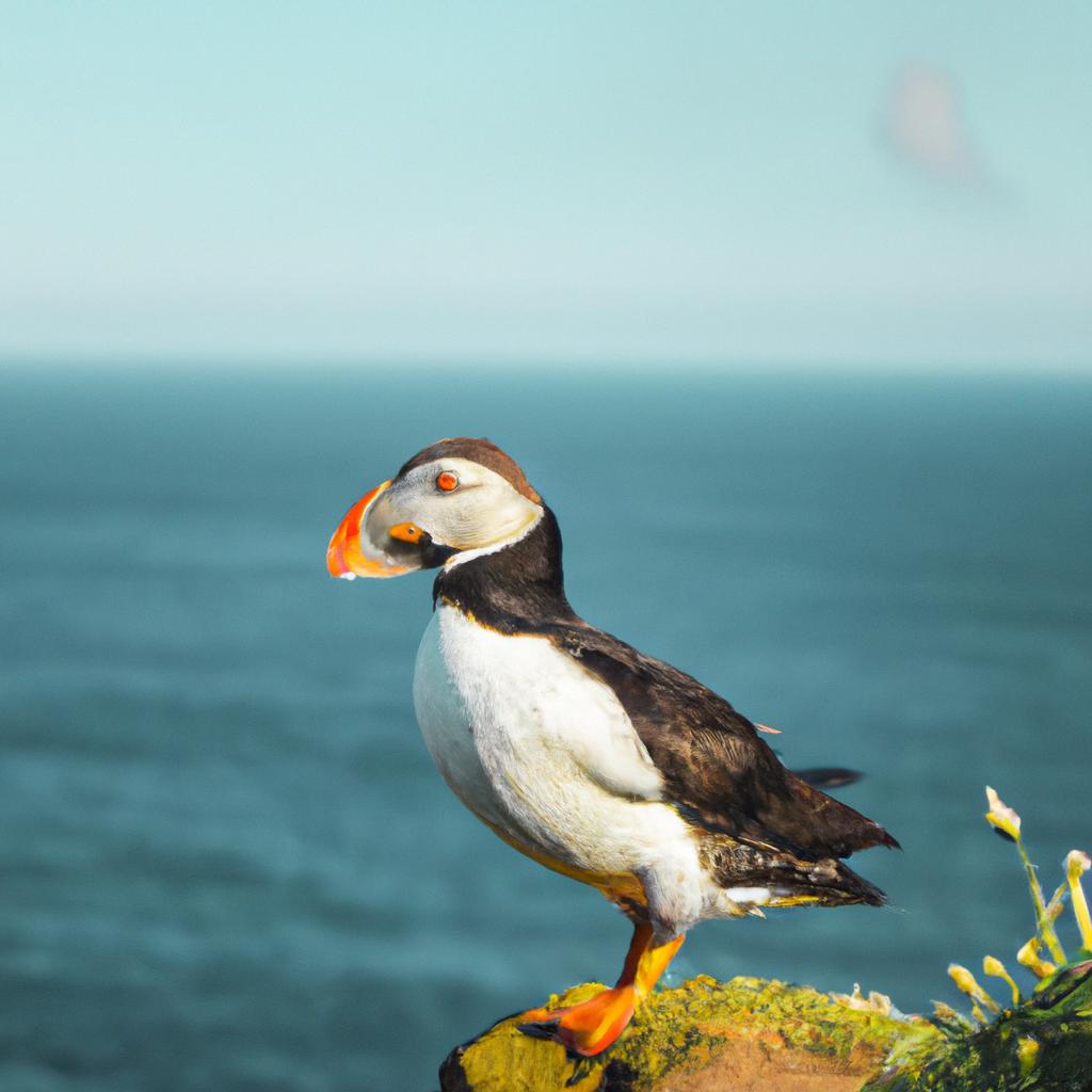 A curious puffin bird enjoying the stunning views of the Atlantic Ocean from the Cliffs of Moher.