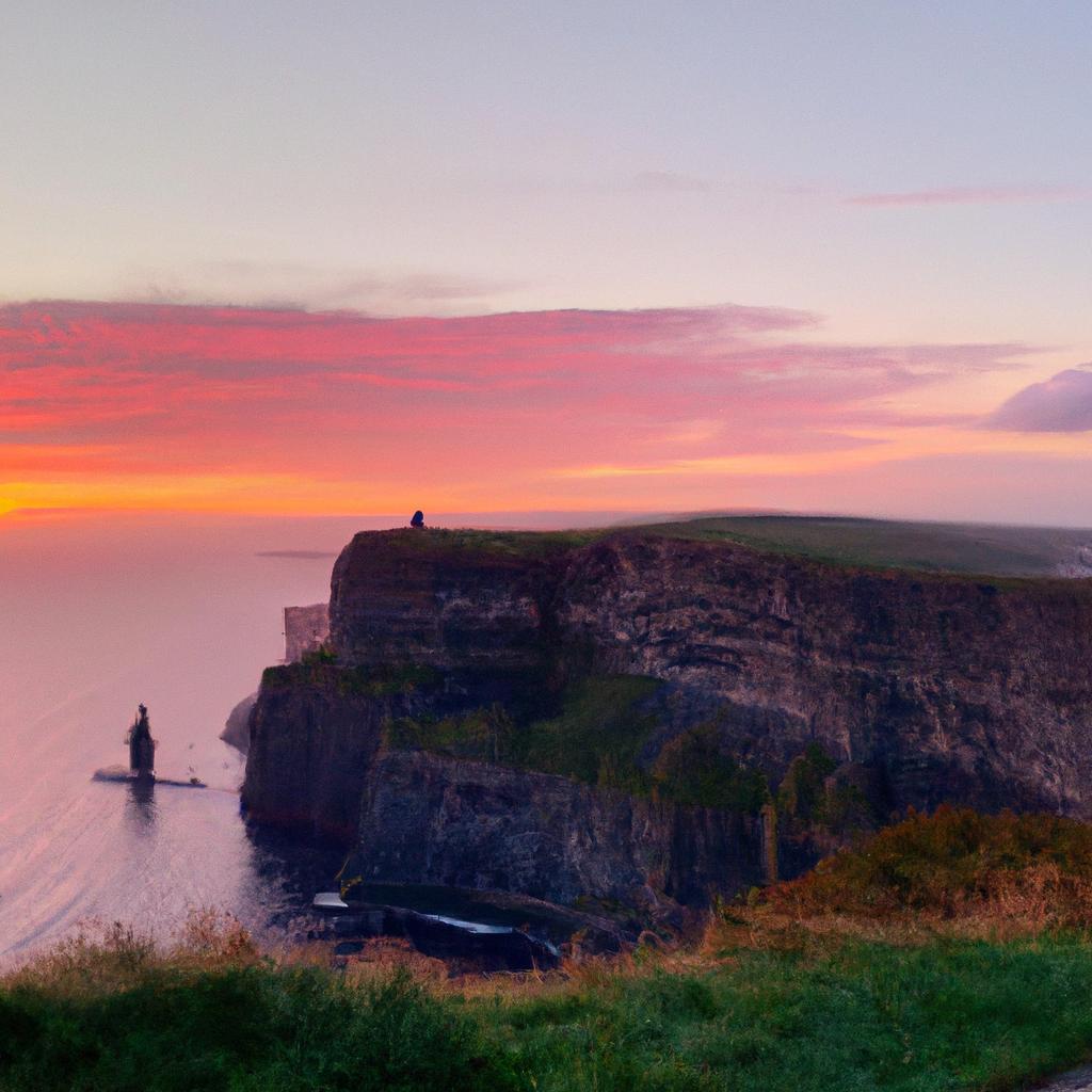 The breathtaking sunset over Cliffs of Moher creates a stunning contrast between the cliffs and the sky.