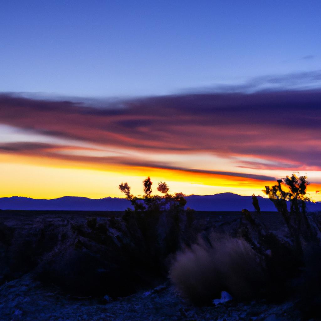 A breathtaking sunset over Nevada Highway 50 with desert plants in the foreground