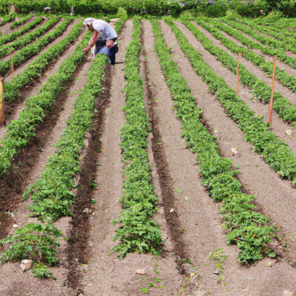 Caring for the potato plants in the rows of Copenhagen