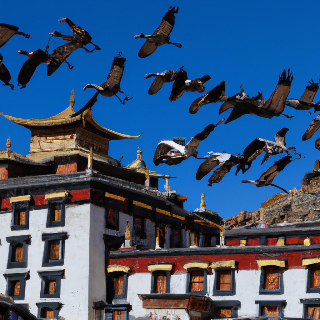 Black-necked cranes flying over the Gangtey Monastery