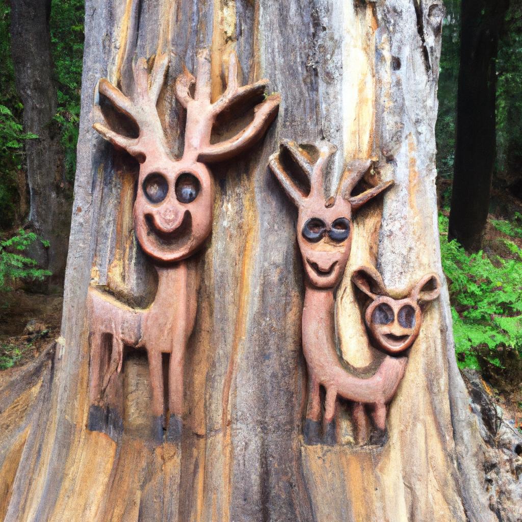 Deer family in front of a tree with a smiley face carving in Oregon