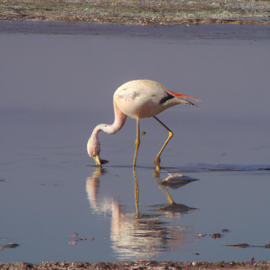 The Salar de Atacama is home to a rich variety of wildlife, including the iconic flamingo, which wades in the shallow waters of the salt flats.