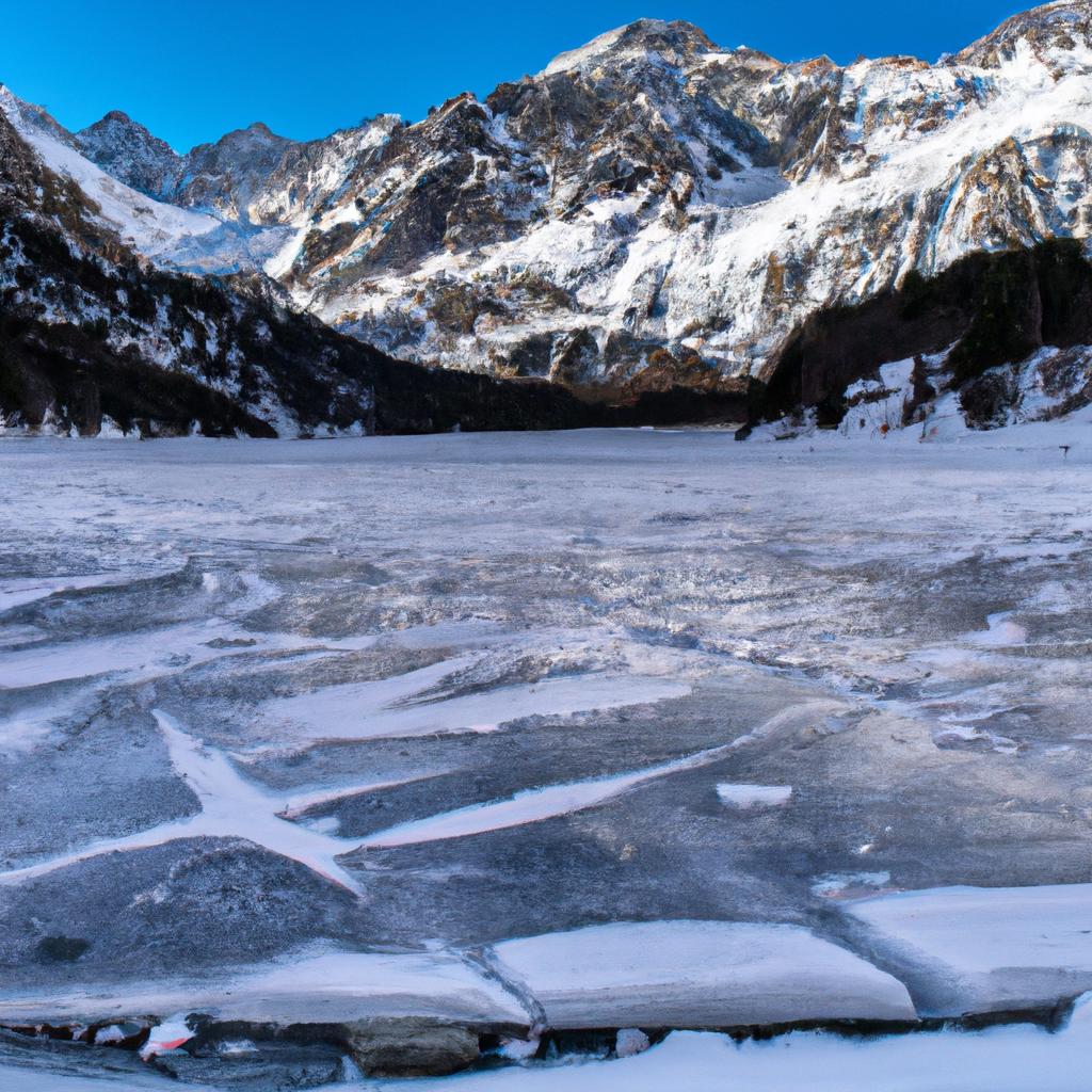 A frozen lake surrounded by mountains in Engadine Valley