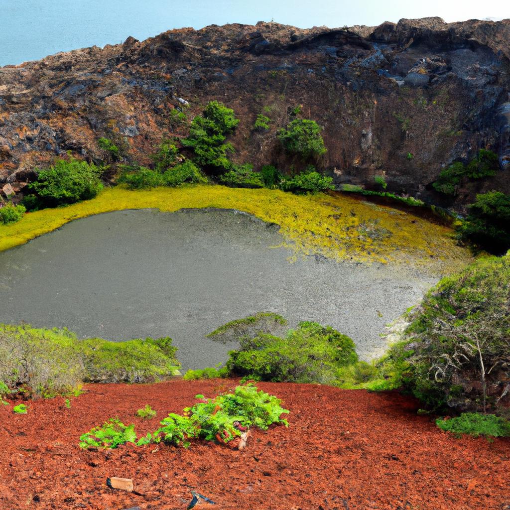 A view of a volcanic crater. The Galapagos Islands were formed by volcanic activity.