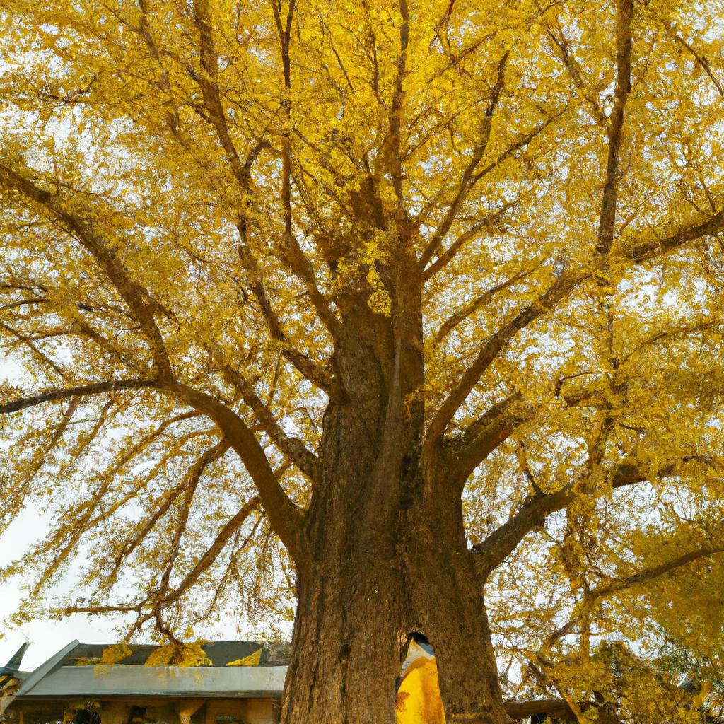 A person stands beside a massive ginkgo tree for scale