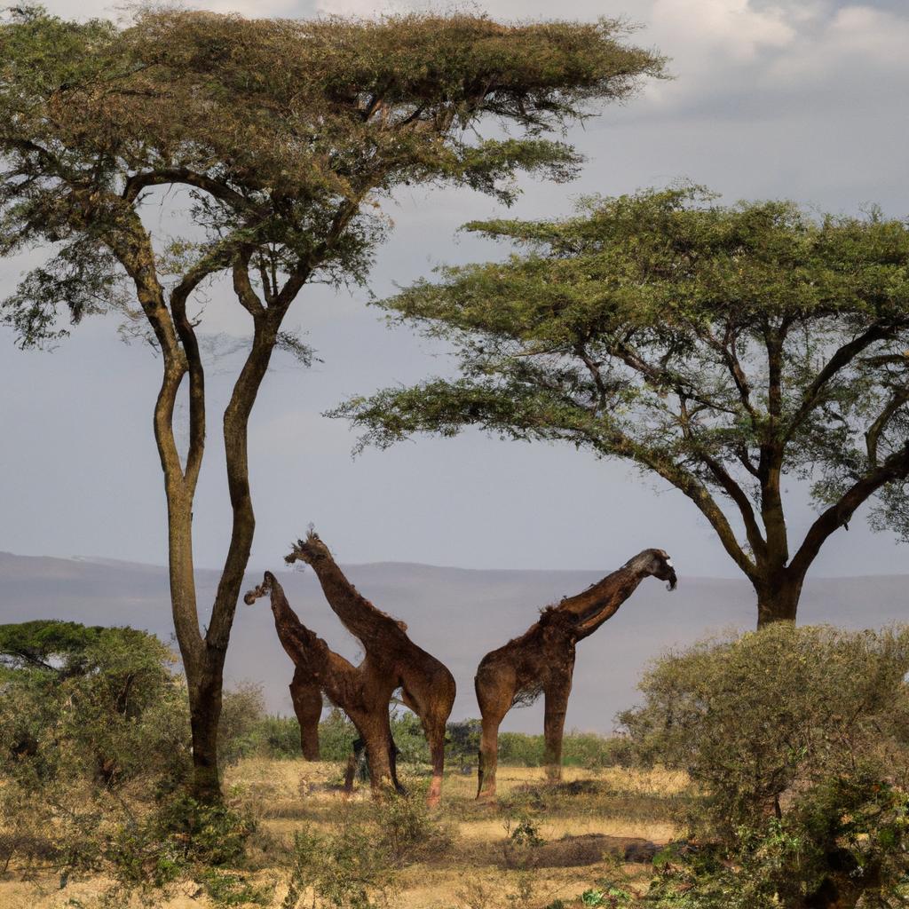 A group of giraffes leisurely feed on vegetation in the Serengeti National Park