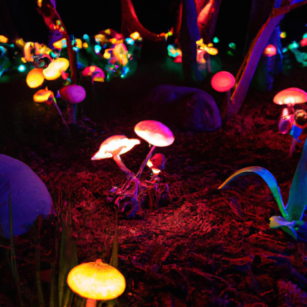 A surreal garden with glowing mushrooms and alien-like plants