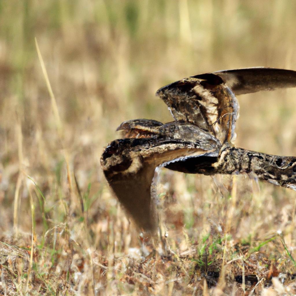 The great eared nightjar in flight, displaying its unique wing and tail feathers.