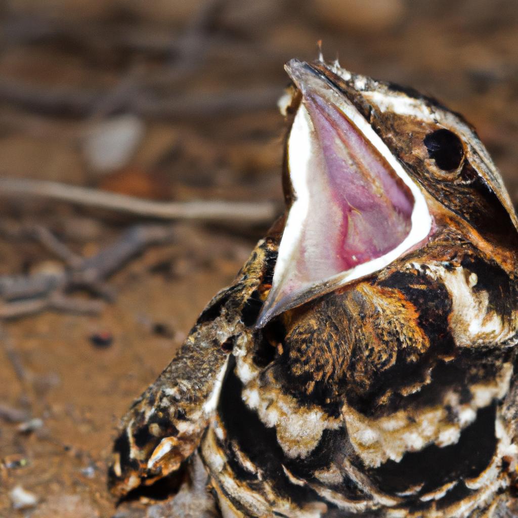 A great eared nightjar calling out with its distinctive wide gape and sharp beak.
