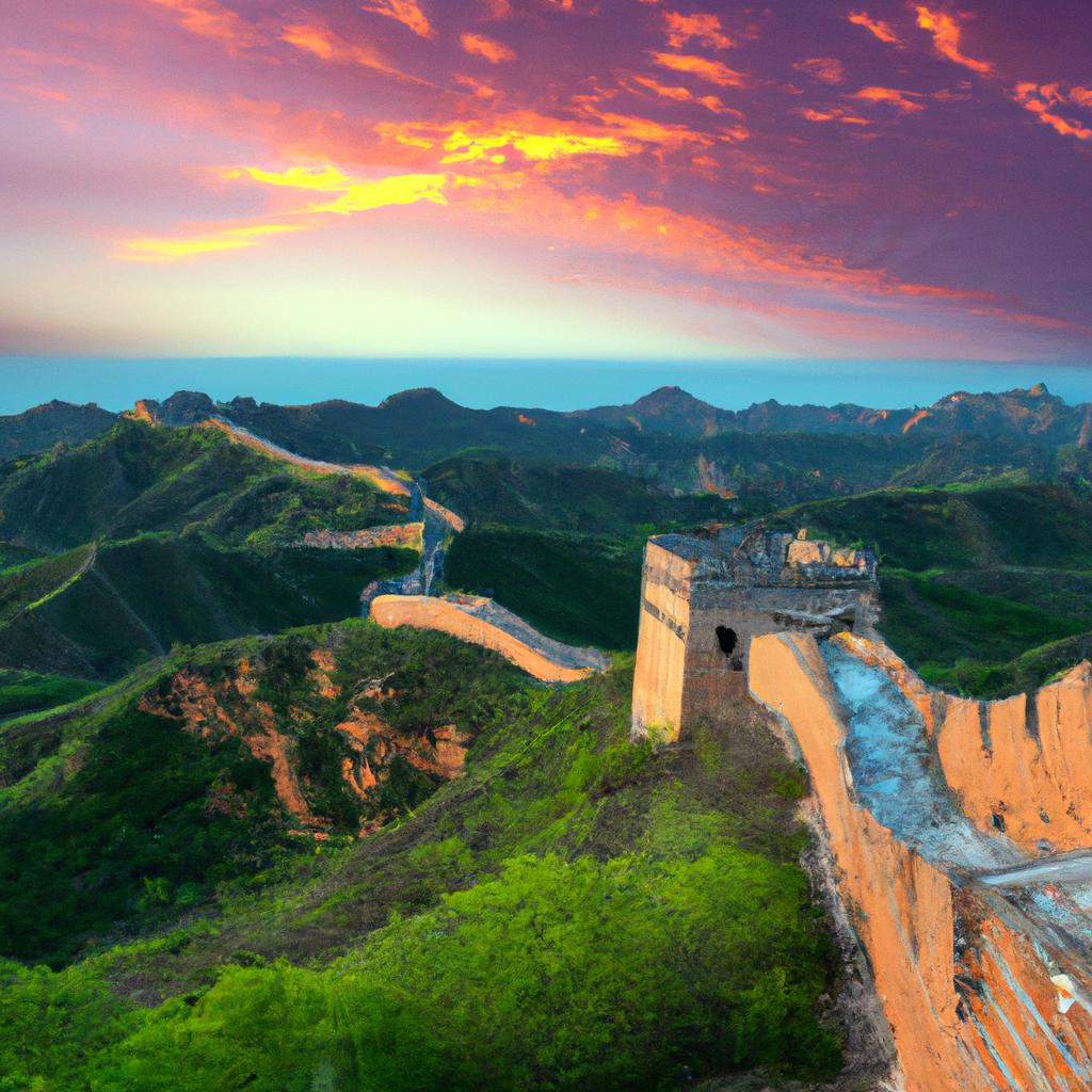 The Great Wall of China at dusk, with the sky turning orange and purple.