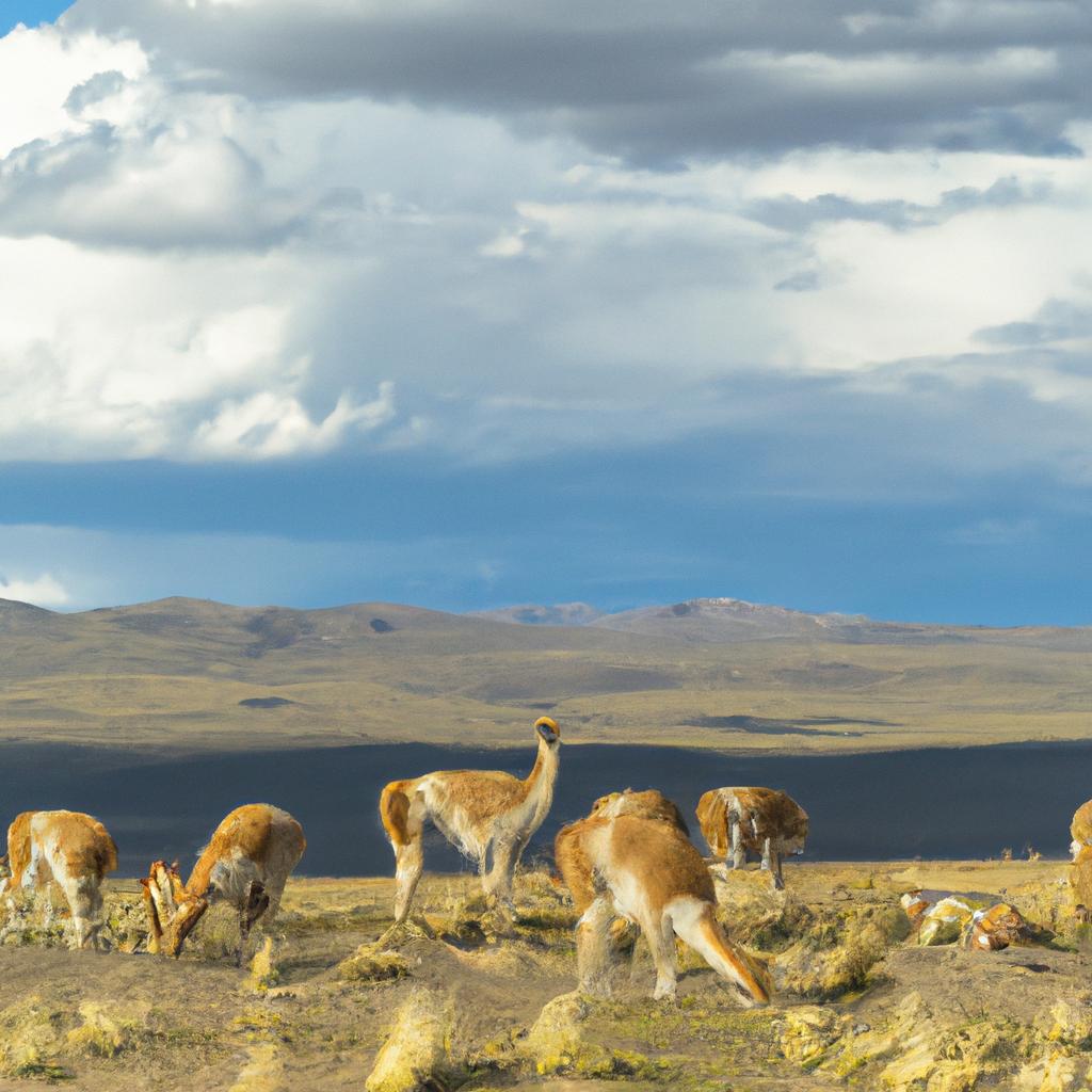 Guanacos grazing in the grasslands of Torres del Paine National Park, Chile