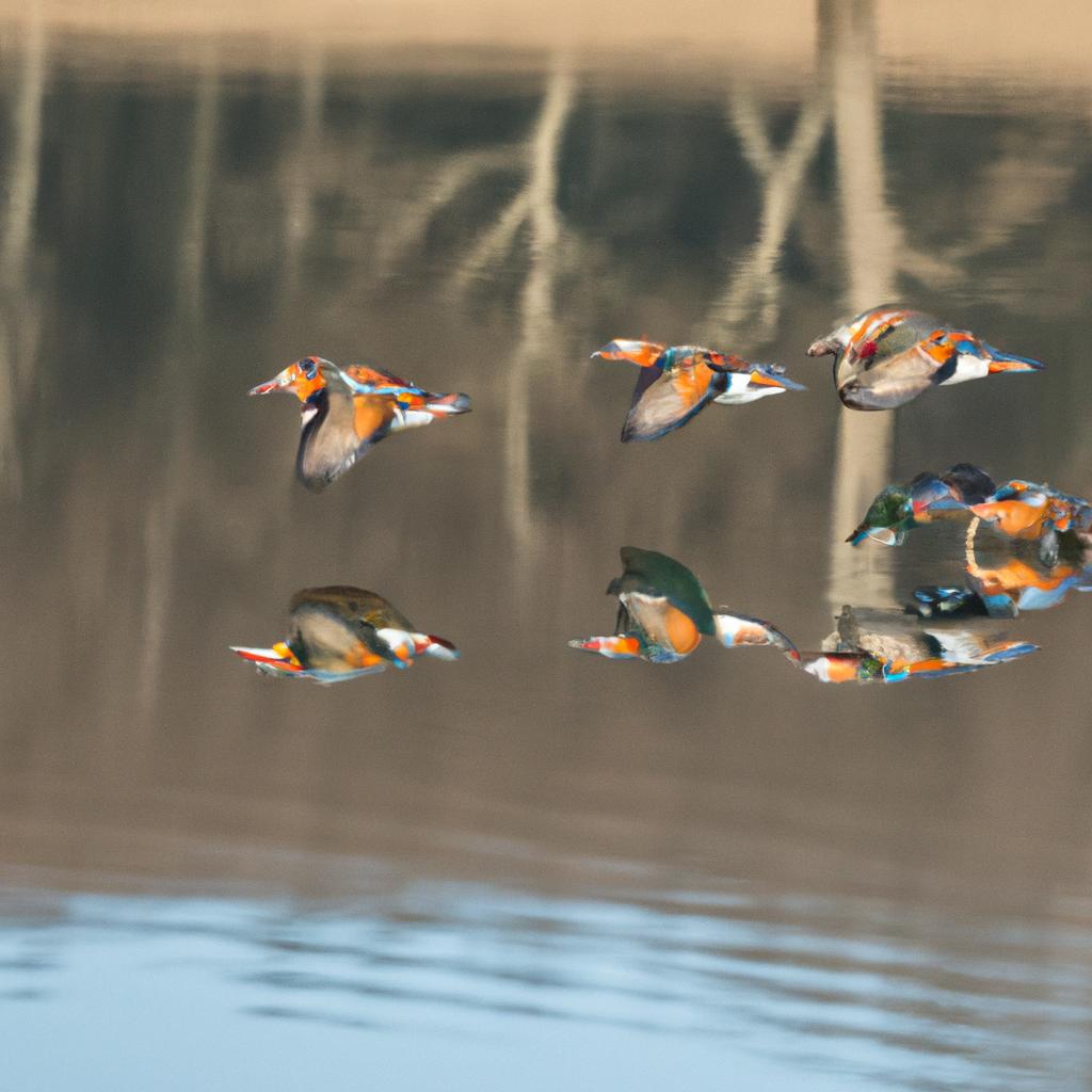 Mandarin ducks are migratory birds and travel in flocks during the winter.