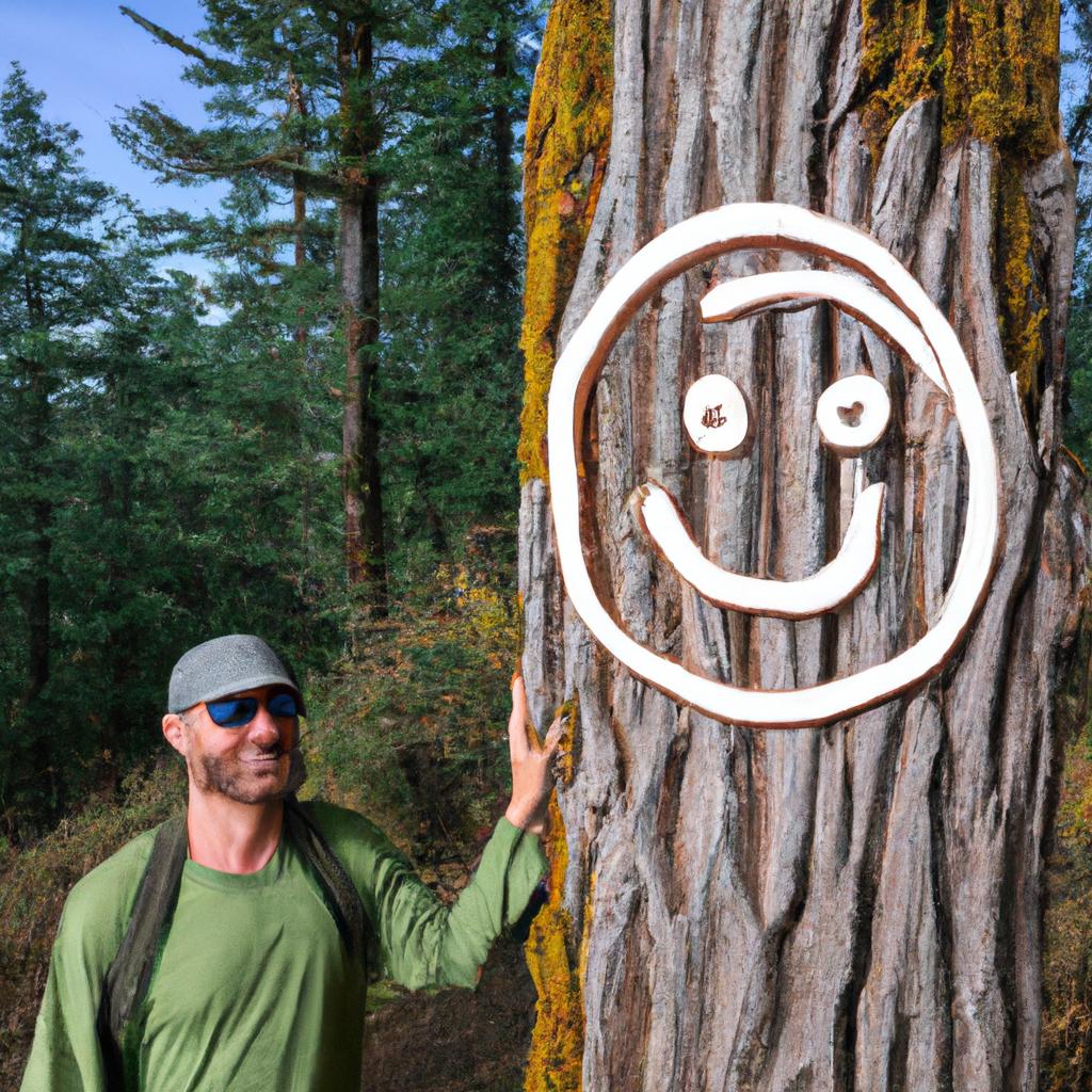 Hiker posing next to a smiley face carved on a tree in Oregon