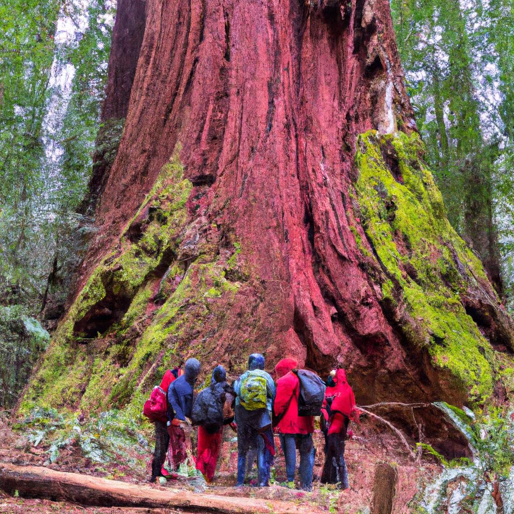 Hikers Awed by the Size of a Giant Redwood Tree