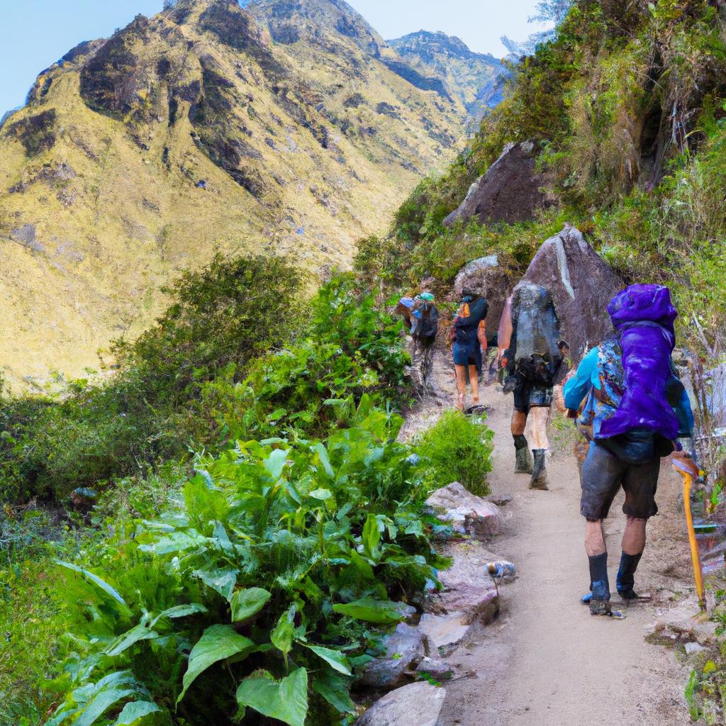 A group of hikers trekking along The Inca Trail, Peru with the Andean mountains in the background.