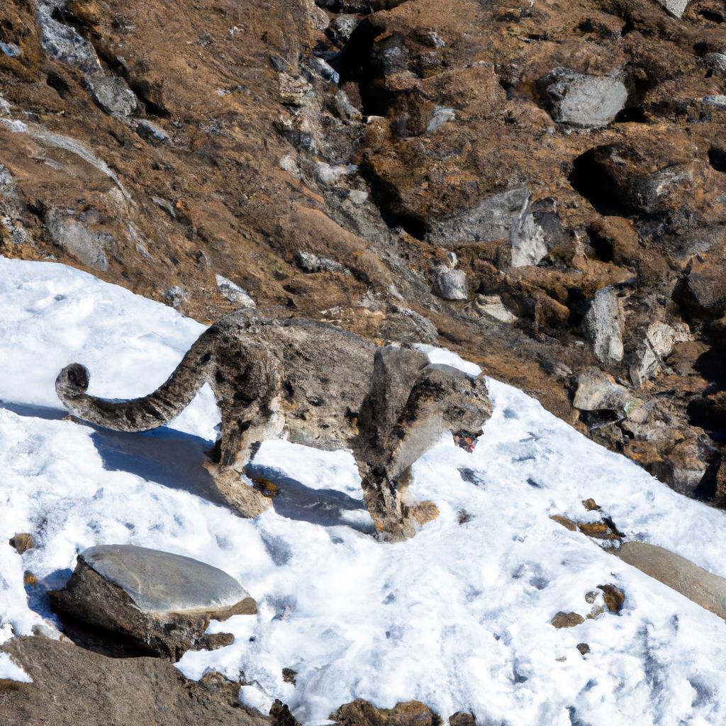 An endangered Himalayan snow leopard spotted in the mountains near Mount Everest