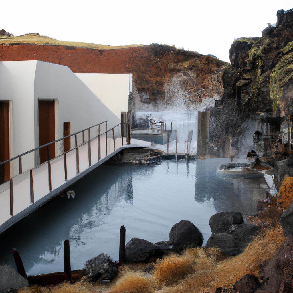 Visitors relax in a geothermal spa that is heated by the perpetual shower