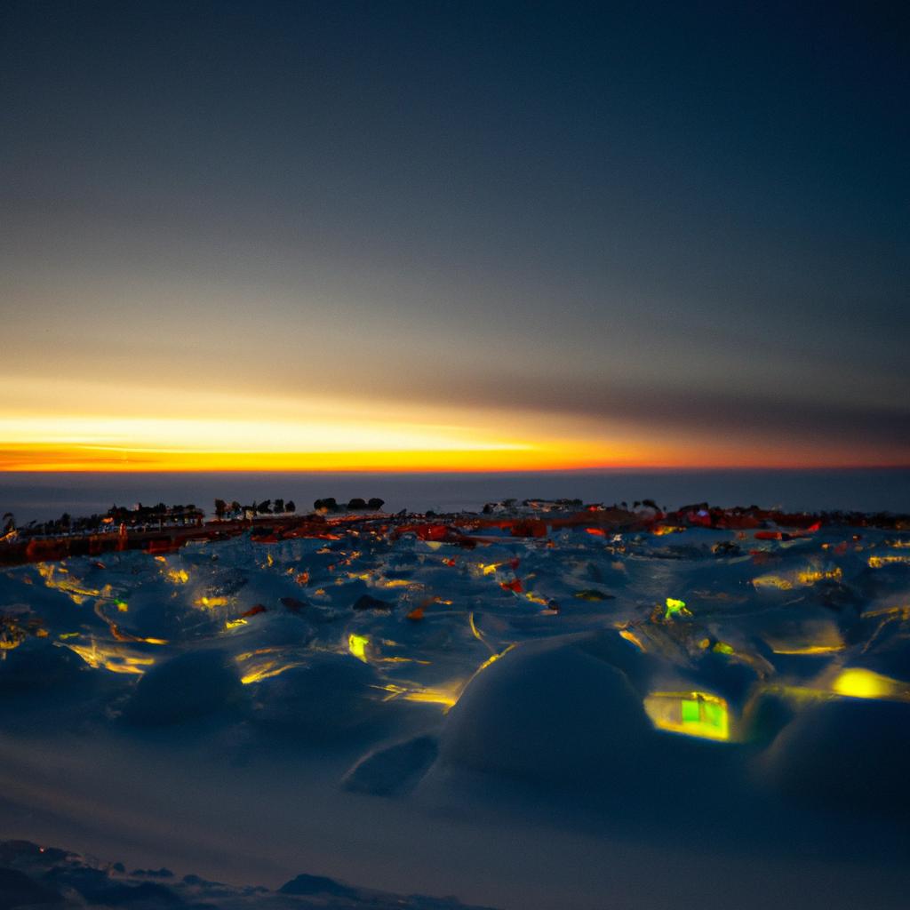 Watch the sunset over the snow-covered landscape from your igloo