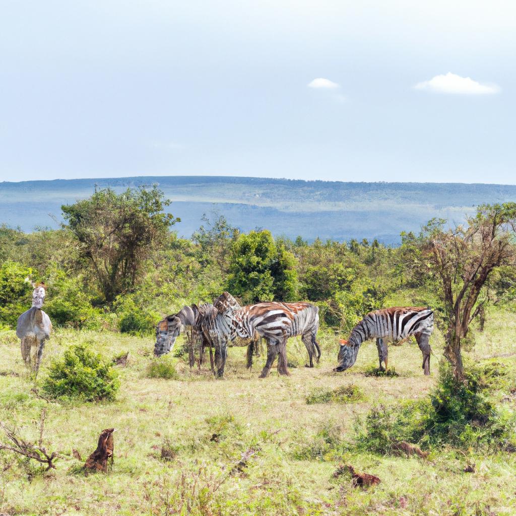 A peaceful scene unfolds as a herd of zebras graze on the grasslands of the Great Rift Valley in Kenya.