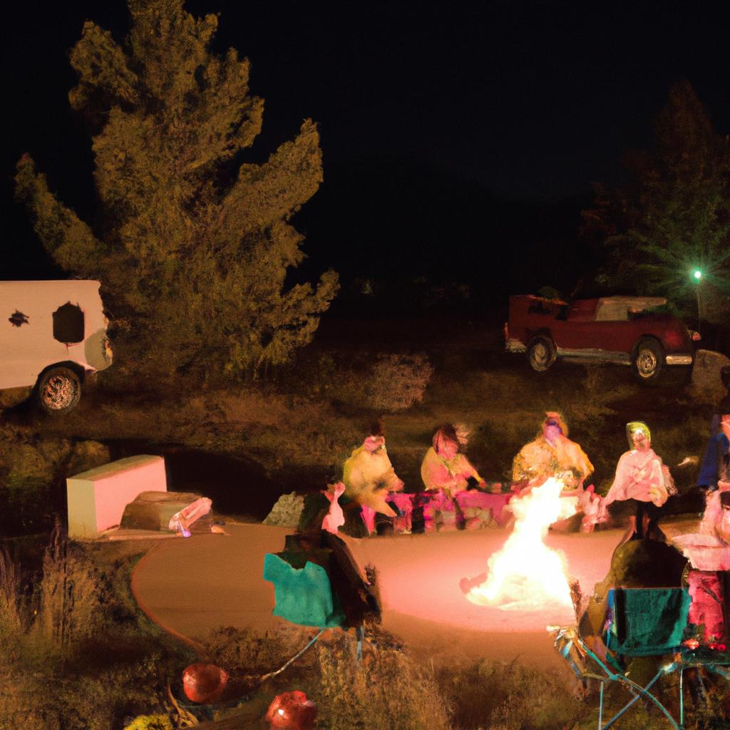 Guests at the Killer Clown Motel gather around a campfire to share ghost stories.