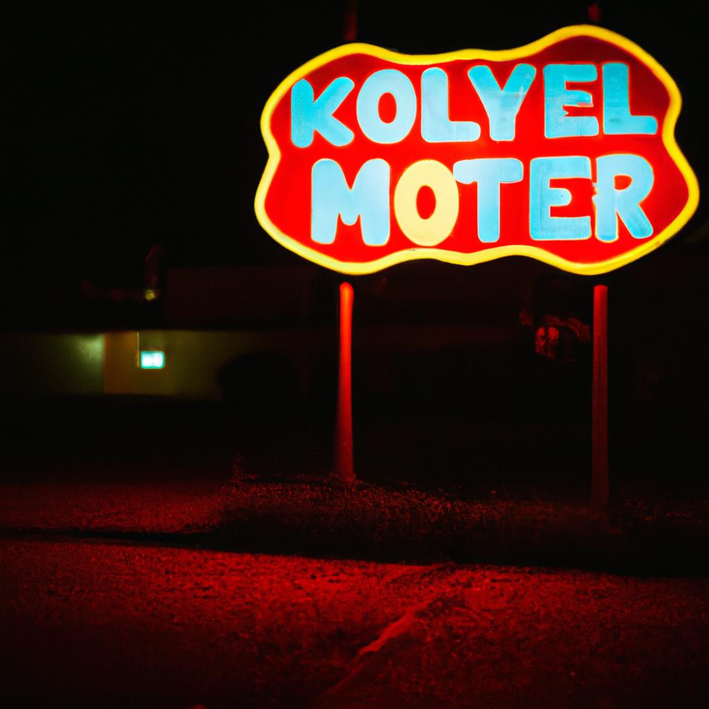 The sign for the Killer Clown Motel is just as eerie at night as it is during the day.
