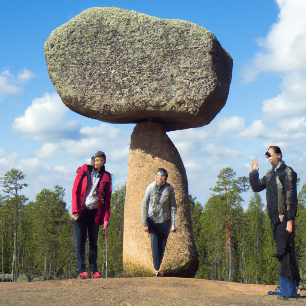 Tourists strike a pose with the iconic Kummakivi Balancing Rock