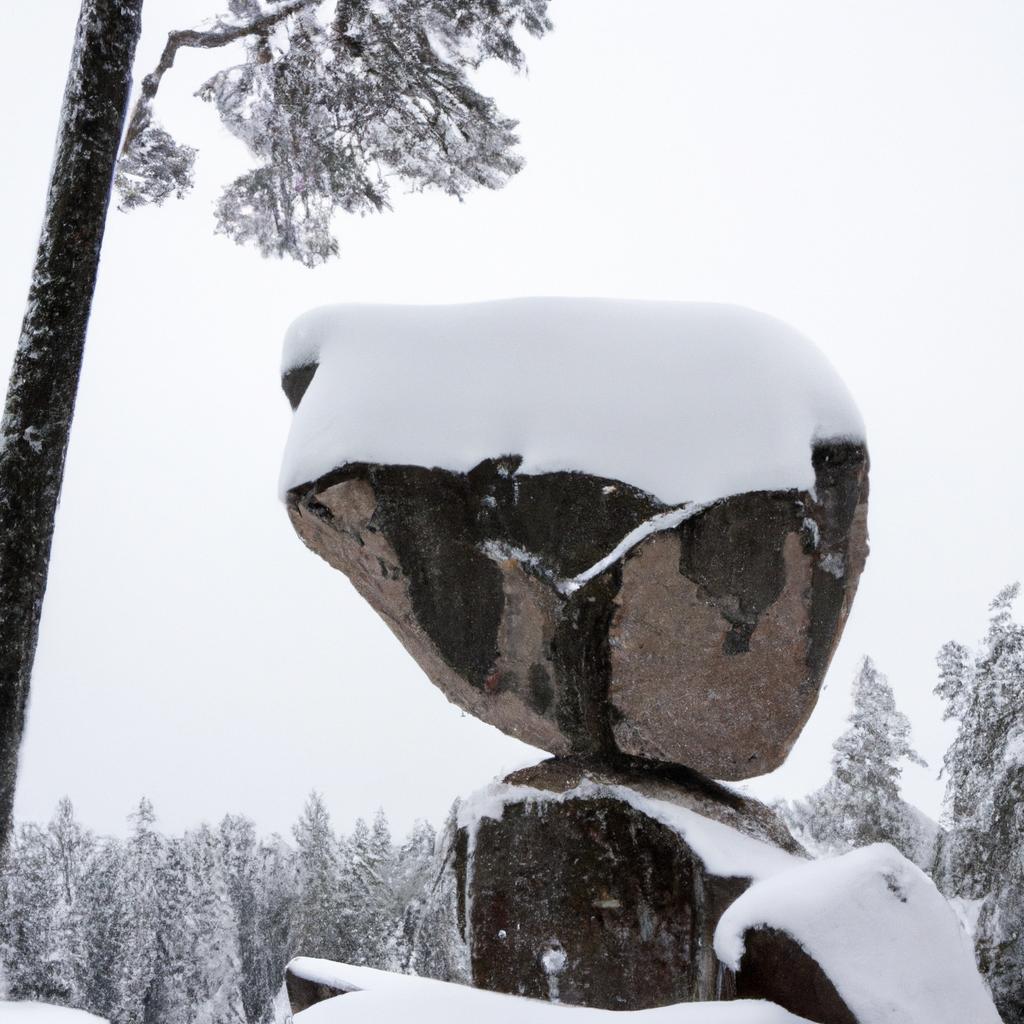 Kummakivi Balancing Rock transforms into a winter wonderland