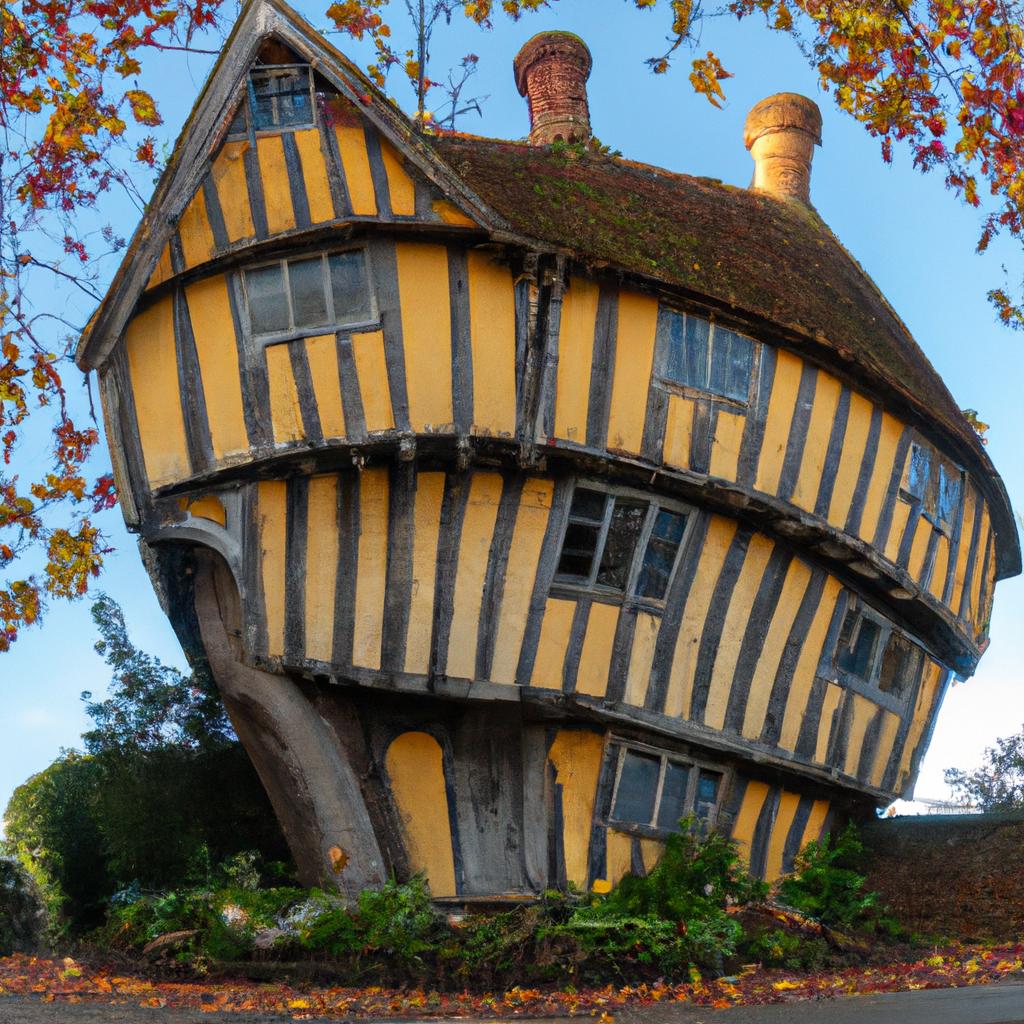 Visit Lavenham Crooked House in autumn to see it surrounded by vibrant colors.