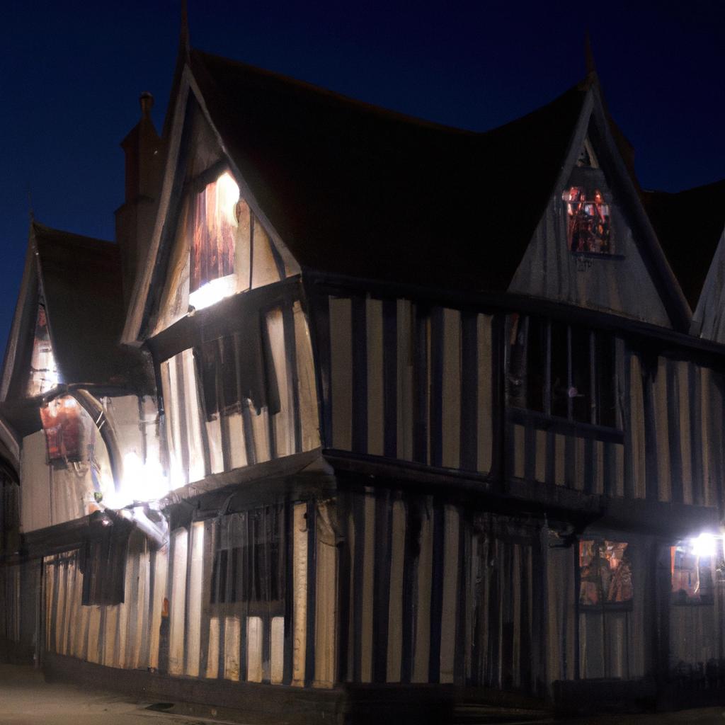 Experience the enchanting atmosphere of Lavenham Crooked House at night.