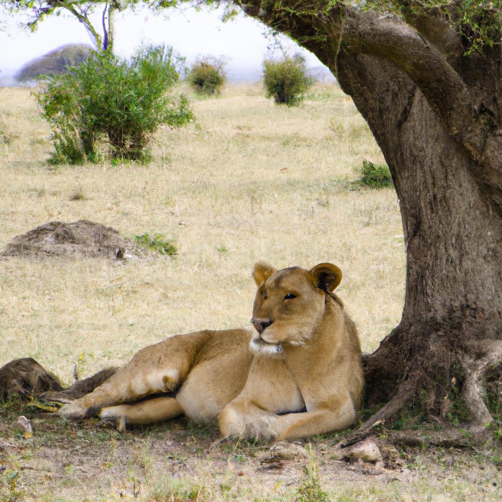 A lion takes a moment to rest under the shade of a tree in the Serengeti National Park