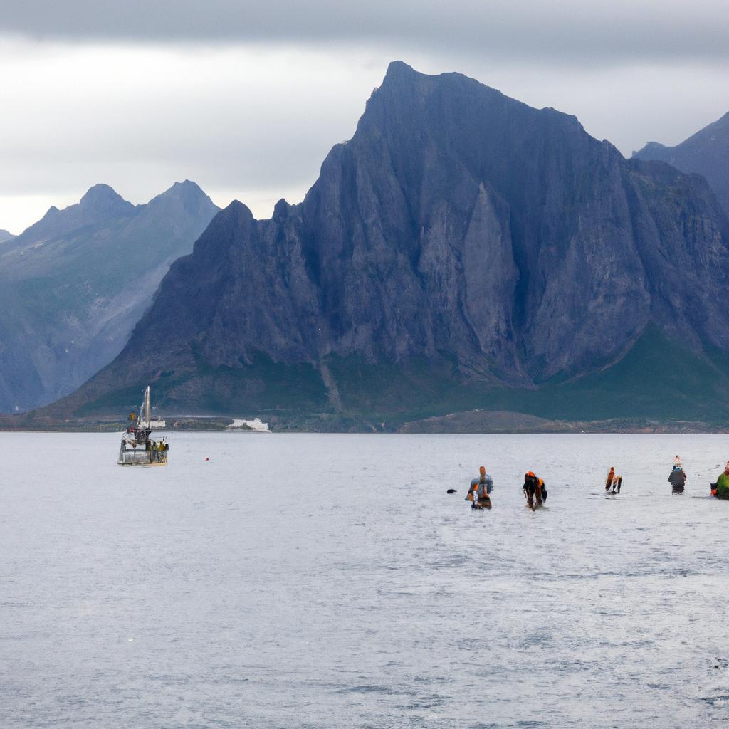 Fishermen catching cod in the waters of Lofoten
